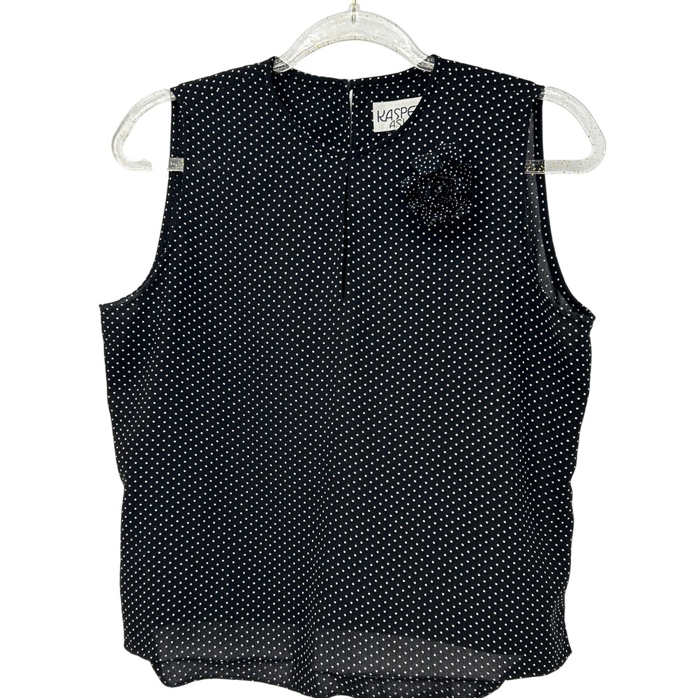 Kasper ASL Womens 10P Polka Dot Sleeveless Shell Top Black White Rosette Vintage